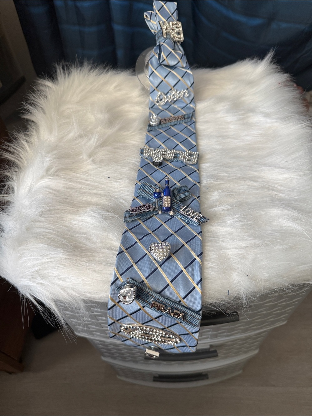 Junk Tie Light Blue Patterned Tie with Rhinestone Pins